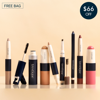 Trestique Essential 8 Kit featuring cruelty-free makeup, including mascara, foundation, brow, and lip products.